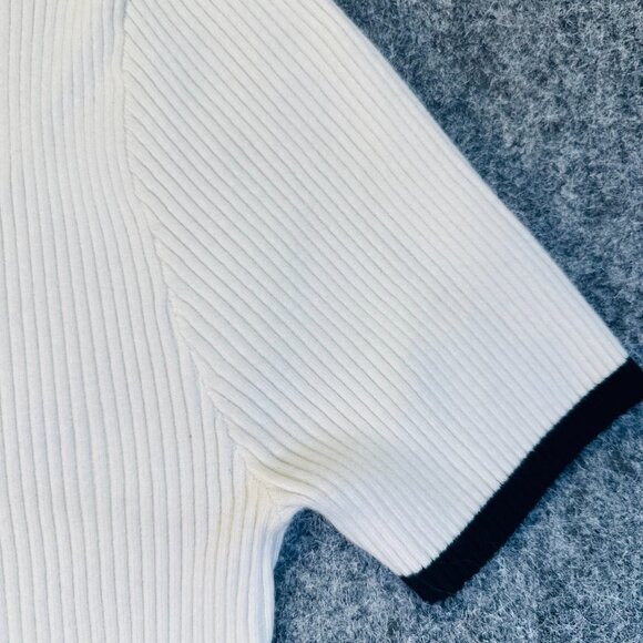 ZESICA WMNS White Ribbed Knit Sweater Large Black Trim Preppy Stretchy Pullover - Picture 7 of 9